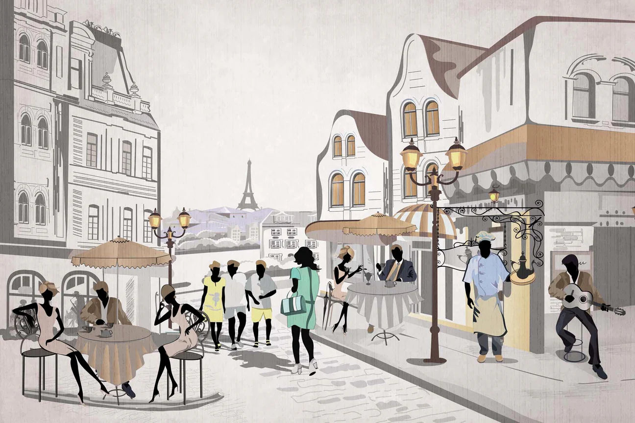 Papier peint escalier - Paris café en terrasse - Muralconcept