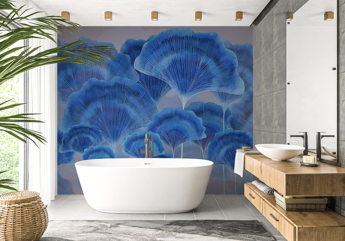 Contemporary bathroom wallpaper ginkgo zen blue