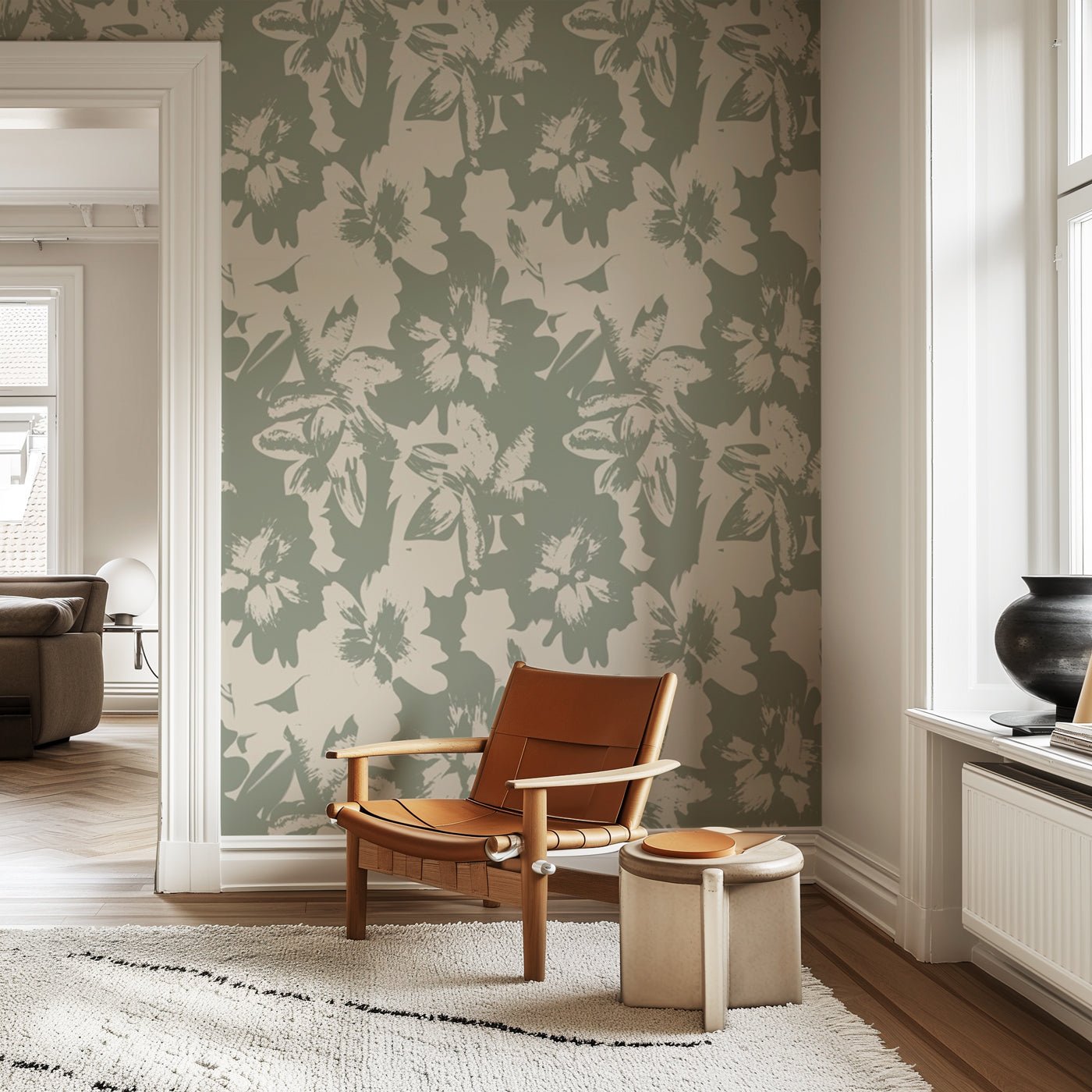 Papier peint motif floral vert sauge - Fresque Artistique contemporaine - Muralconcept