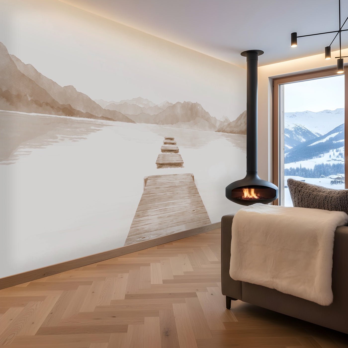 Papier peint  ponton sur le Lac d’Annecy - Monochrome beige - Muralconcept