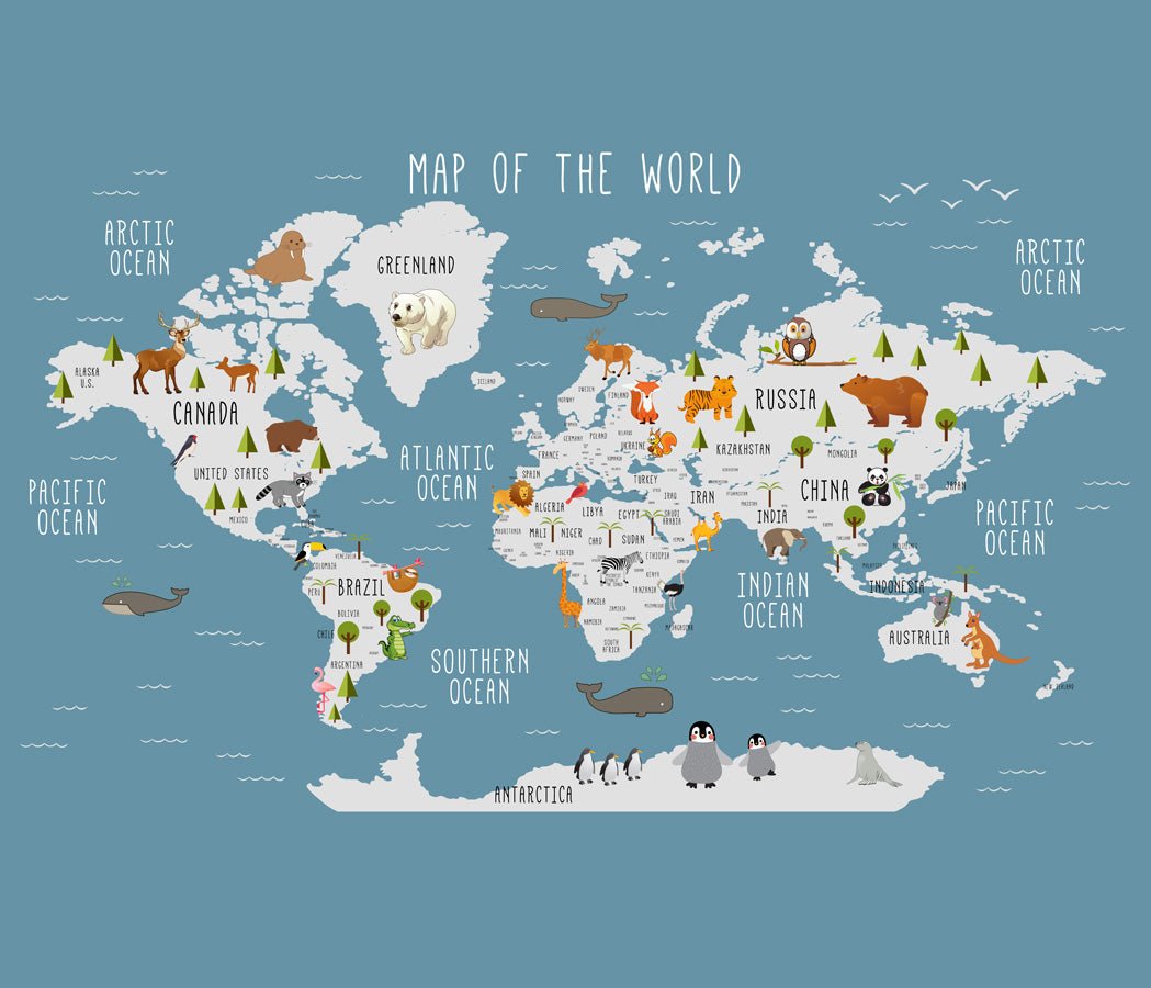 Papier peint Carte du monde illustrée Animaux bleu foncé, mural concept, tendance