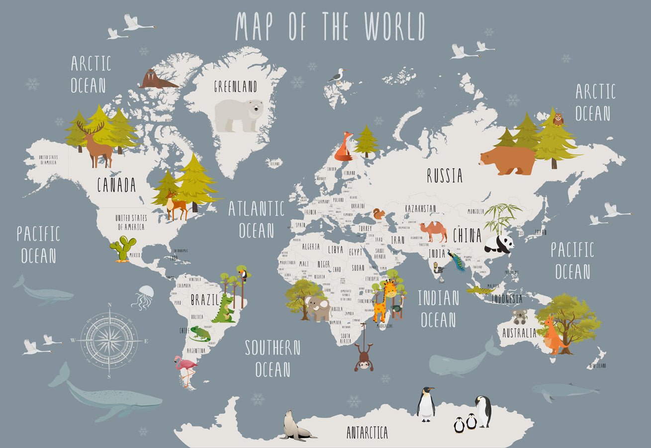 Papier peint Carte du monde illustrée Animaux gris, mural concept, tendance