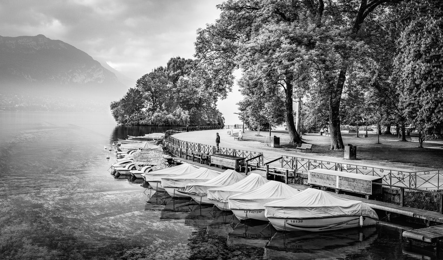 Papier peint hall contemplation lac d'Annecy noir et blanc, mural concept, tendance