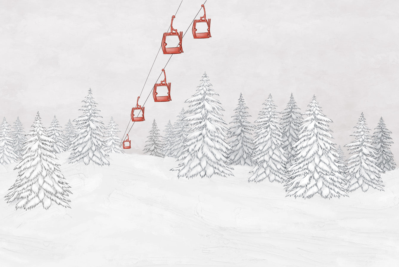 Papier peint montagne télécabine rouge, mural concept, tendance