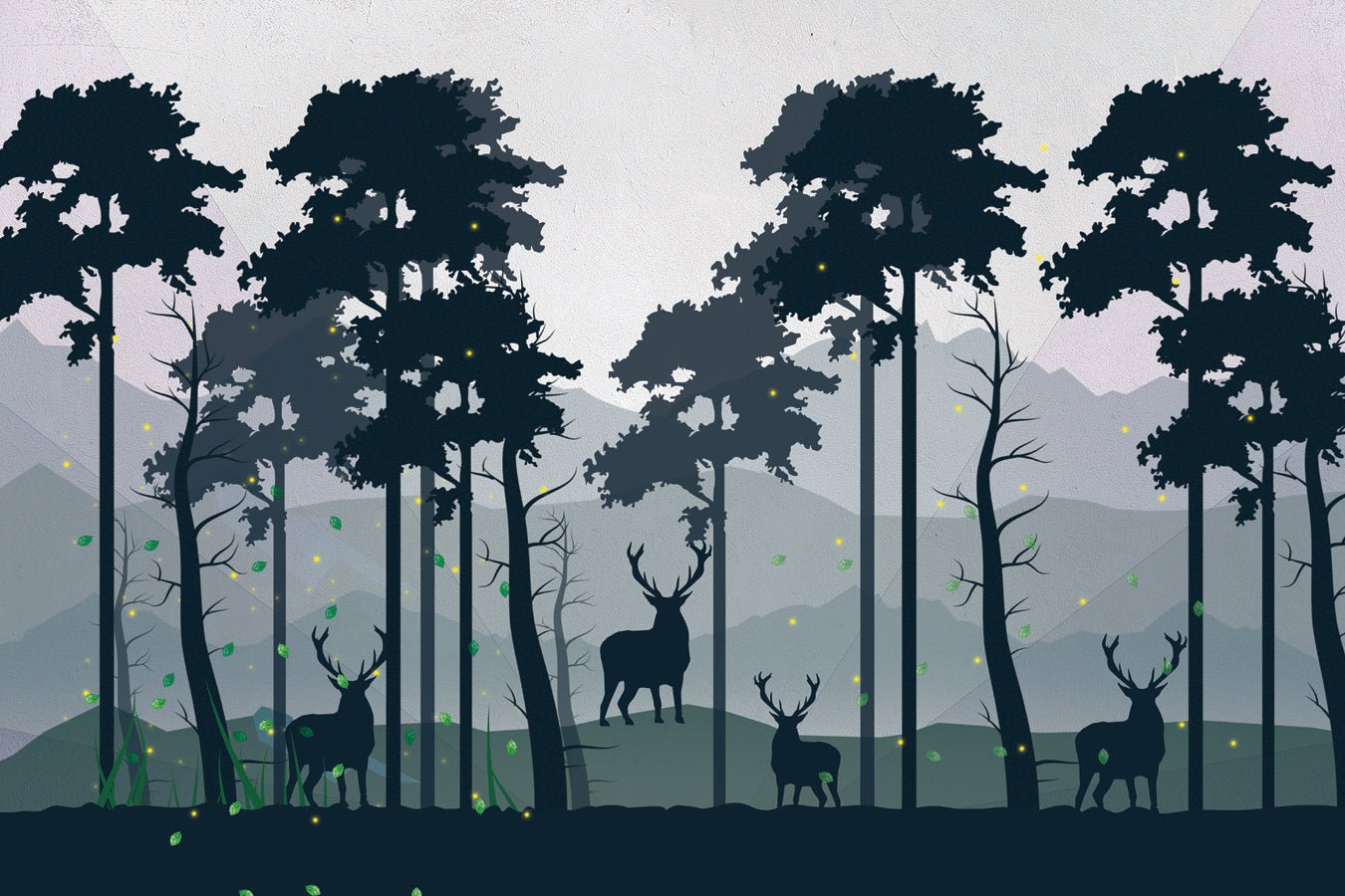 Papier peint panoramique nature forêt cerf vert profond, mural concept, tendance