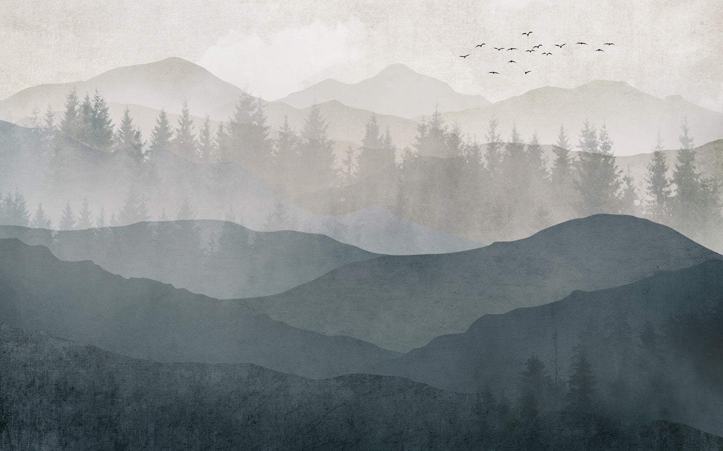 Papier peint restaurant panorama nature noir et blanc, mural concept, tendance