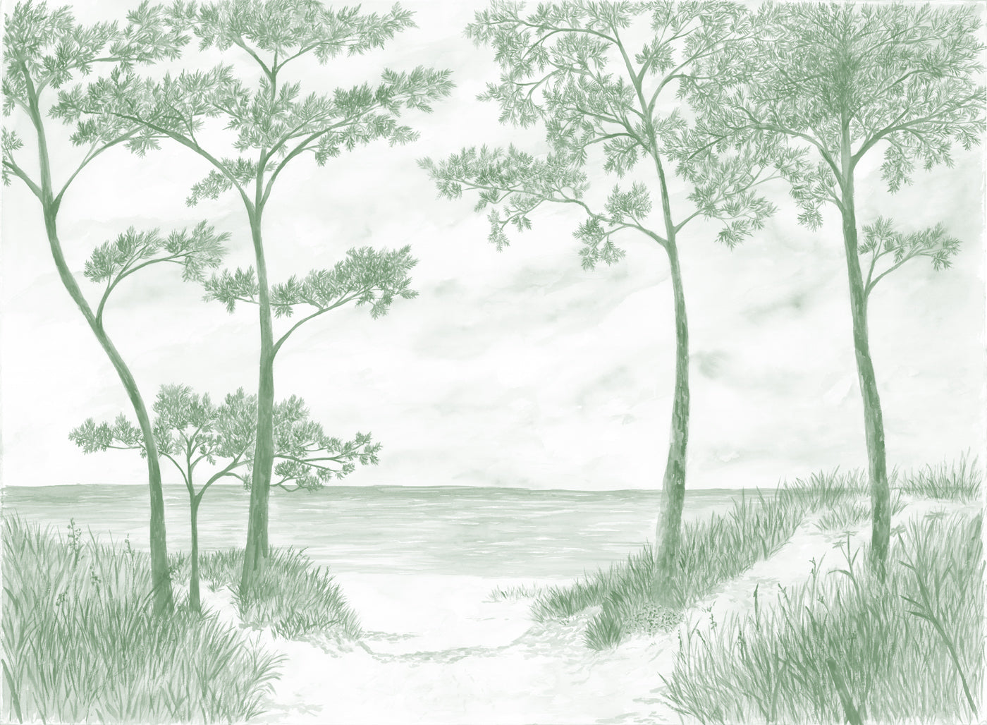 Papier peint Pins maritimes et dunes - Vert monochrome