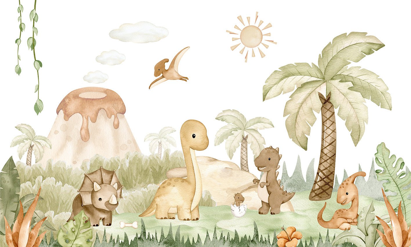 Papier peint bébés dinosaures au parc, XXL, tendance