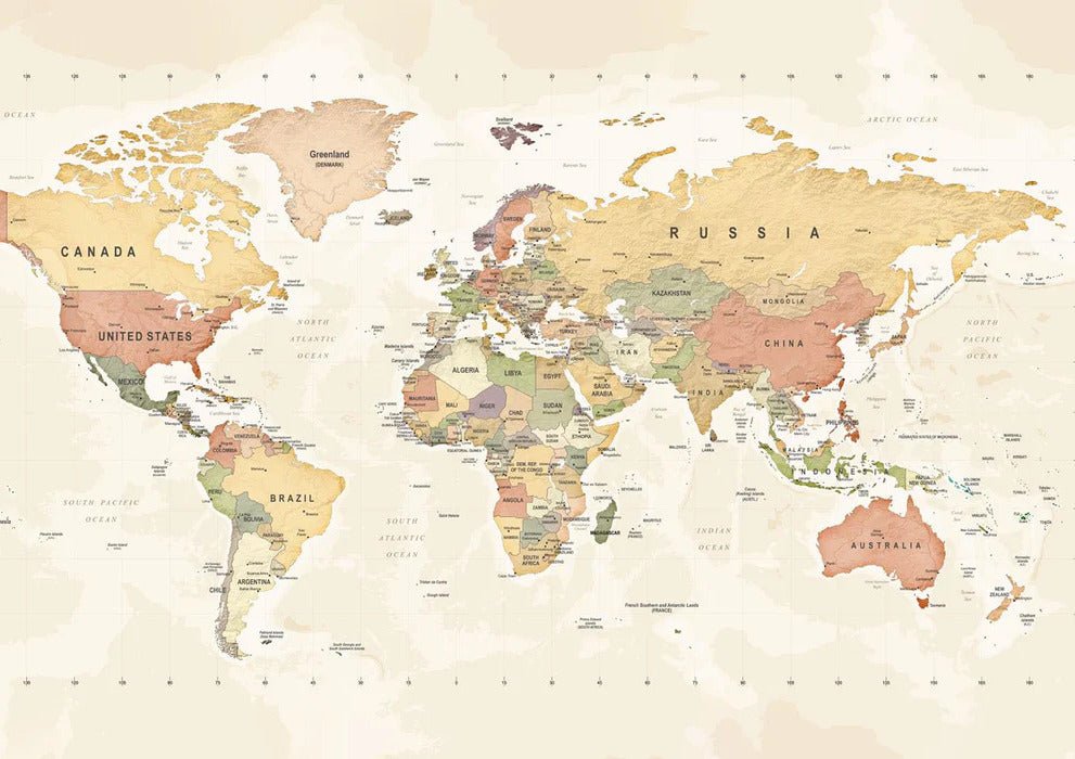 Papier peint panoramique carte du monde exploration, XXL, tendance