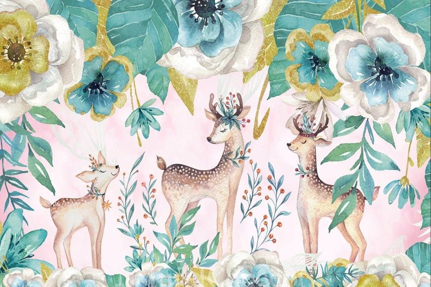 Papier peint douces biches floral vert, XXL, tendance
