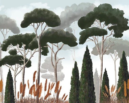 Papier peint sur mesure cyprès pins et herbes de la pampa, XXL, tendance