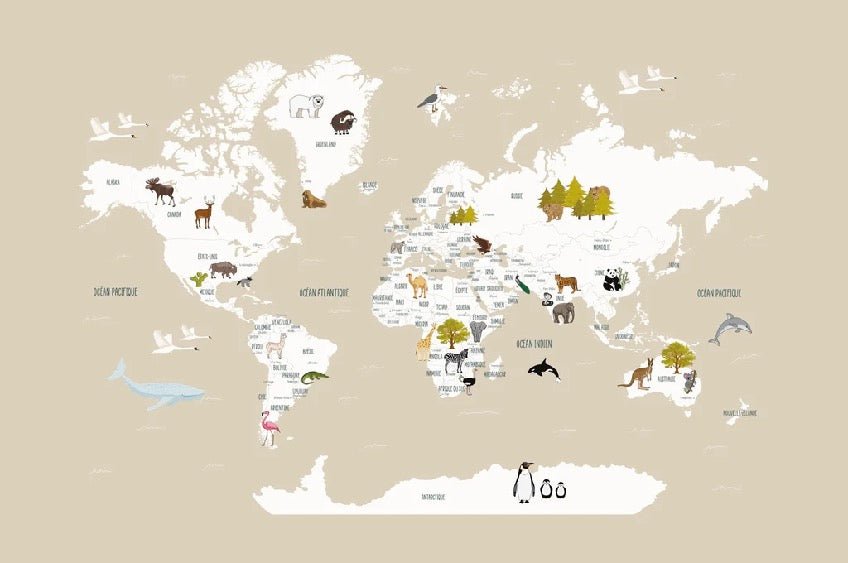 Children's French world map wallpaper beige