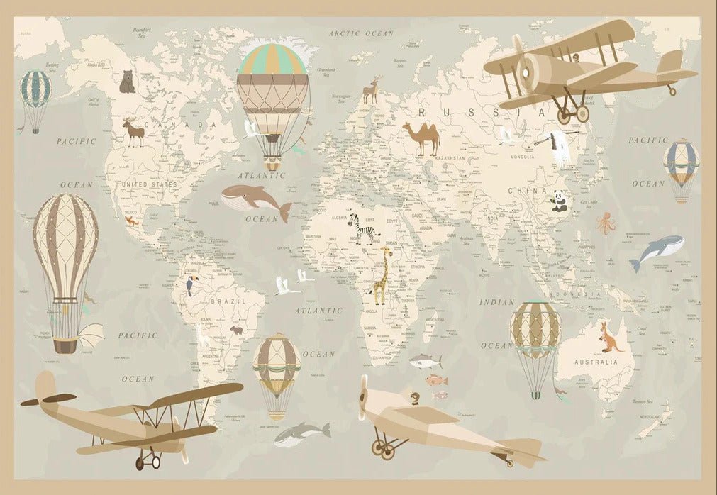 Papel pintado infantil mapa del mundo aviador