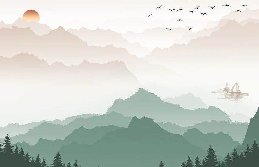 Papier peint montagne dans brume terracotta