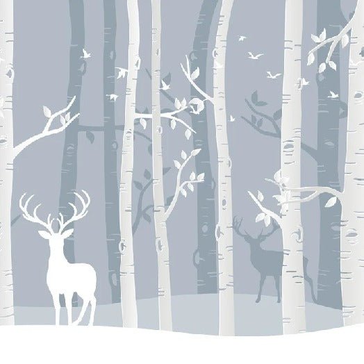Papel pintado infantil bosque escandinavo de abedules y ciervos