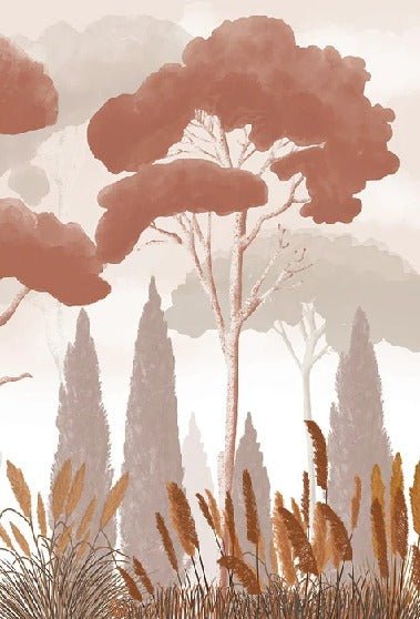 Papel pintado terracota de ciprés, pino y hierba de la pampa