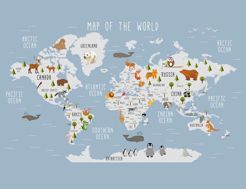 Papier peint Carte du monde illustrée Animaux, XXL, tendance