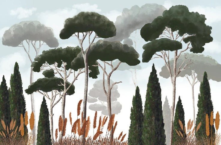 Carta da parati personalizzata in cipresso, pino e erba della pampa