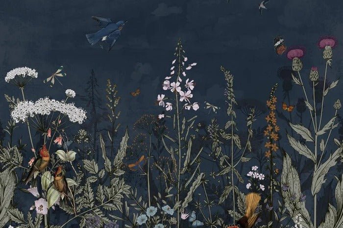Papel pintado panorámico floral azul noche