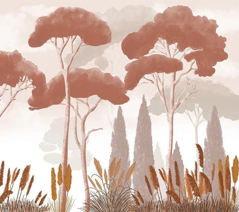 Papier peint cyprès pins et herbes de la pampa terracotta, XXL, tendance