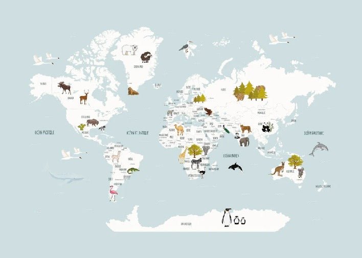 Mapa infantil del mundo en papel pintado azul hielo francés