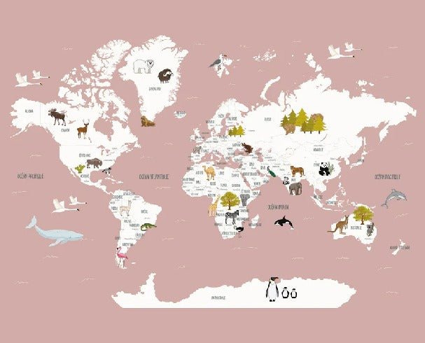 Papier peint Carte du monde en Francais enfant vieux rose, XXL, tendance