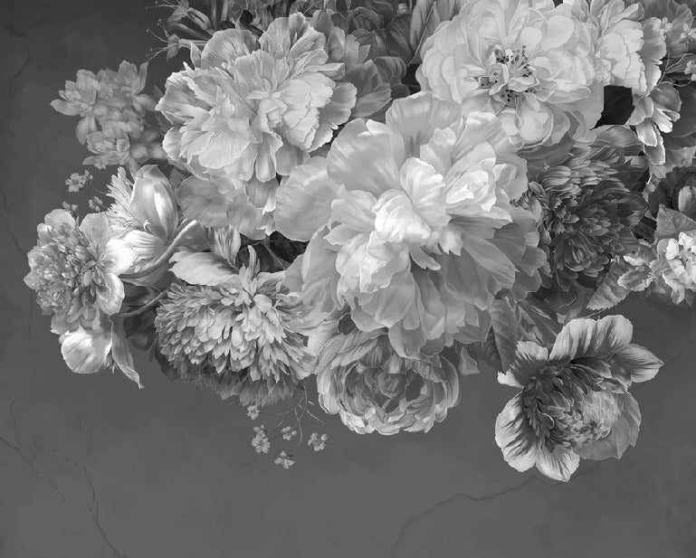 Tapete Pfingstrosenblüte schwarz und weiß