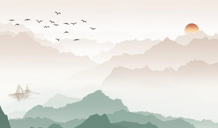 Papier peint montagne dans brume terracotta