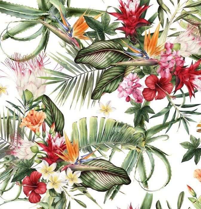 Tropische Badezimmertapete & bunte Blumen