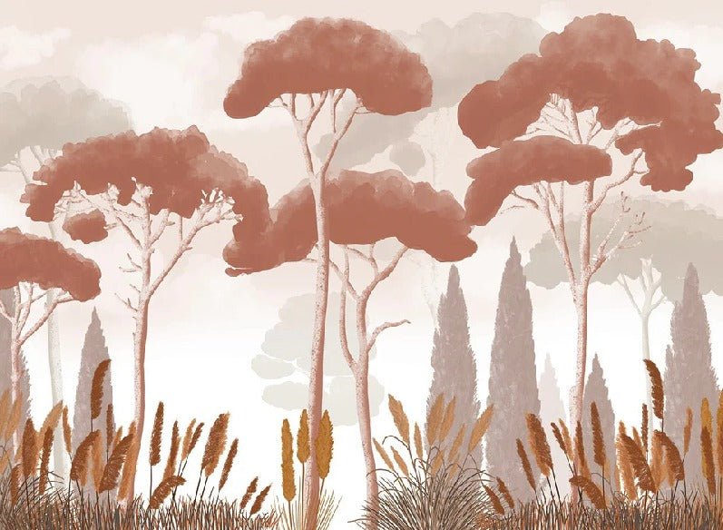 Papier peint cyprès pins et herbes de la pampa terracotta