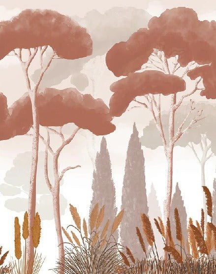 Papel pintado terracota de ciprés, pino y hierba de la pampa