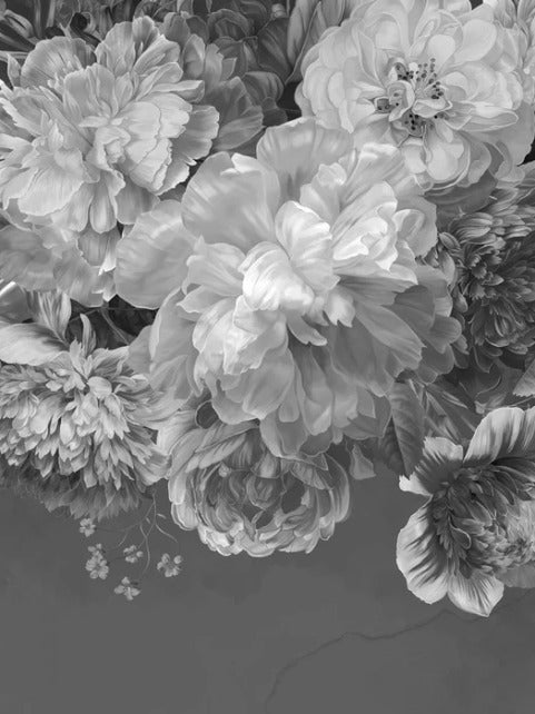 Tapete Pfingstrosenblüte schwarz und weiß