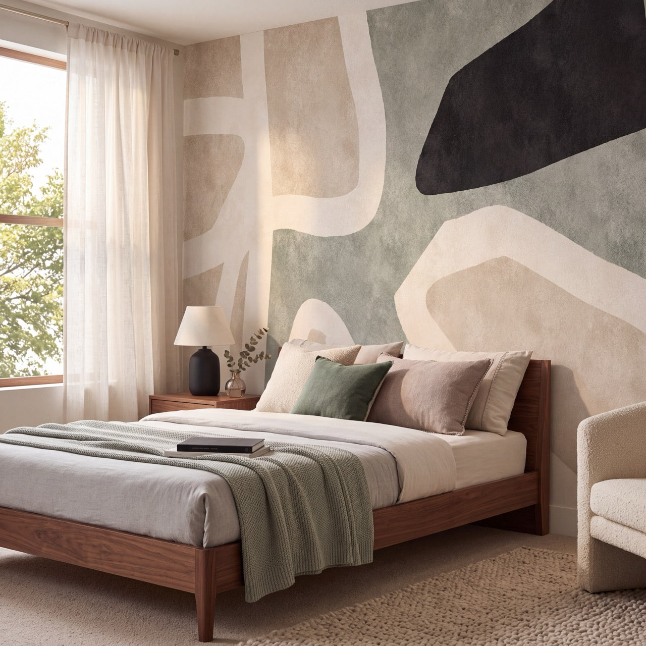 Papier peint géométrique - abstrait vert sauge et beige