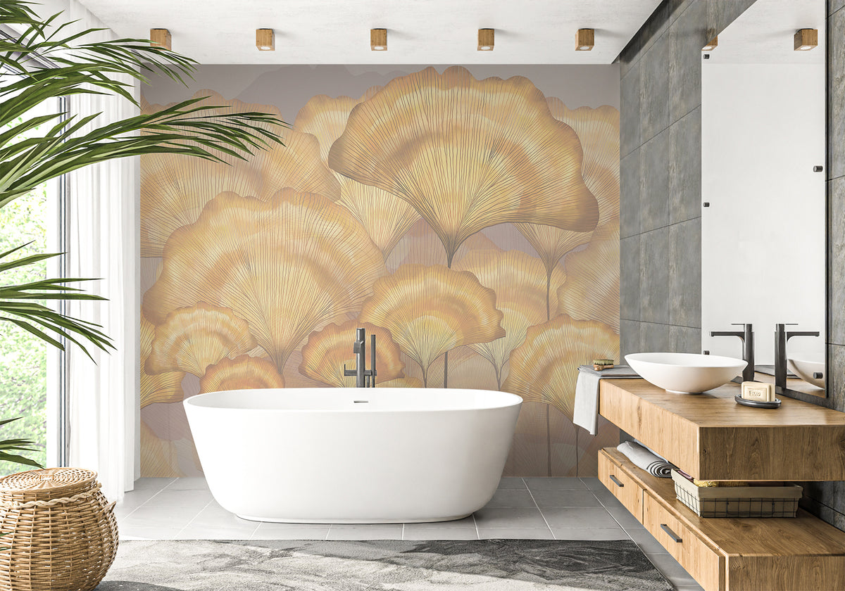 Contemporary bathroom wallpaper ginkgo ochre