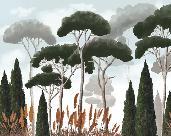 Papier peint sur mesure cyprès pins et herbes de la pampa - Muralconcept