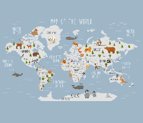 Papier peint Carte du monde illustrée Animaux - Muralconcept