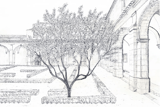 Papier peint panoramique sous les arcades – Jardin en gravure - Muralconcept