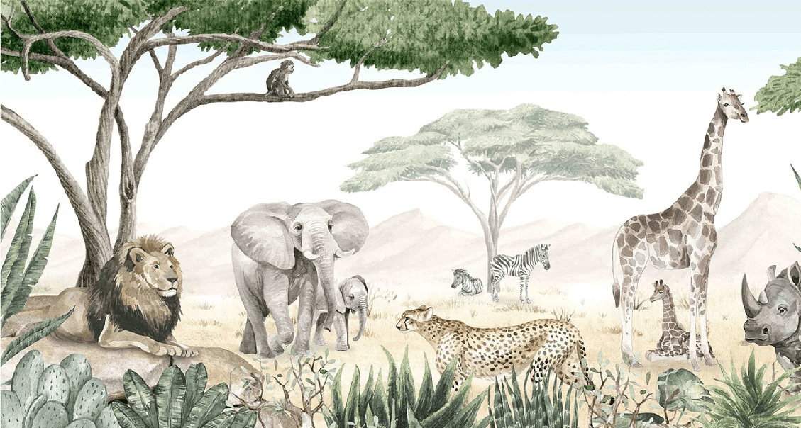 Papier peint enfant savane en peinture - Muralconcept