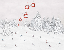 Papier peint télécabine skieurs colorés - Muralconcept