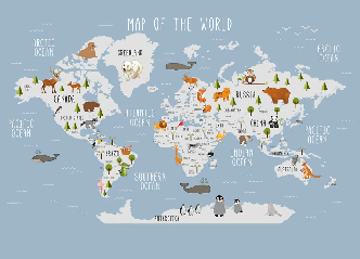 Papier peint Carte du monde illustrée Animaux - Muralconcept