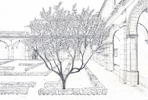 Papier peint panoramique sous les arcades – Jardin en gravure - Muralconcept