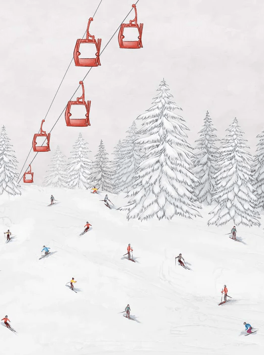 Papier peint télécabine skieurs colorés - Muralconcept