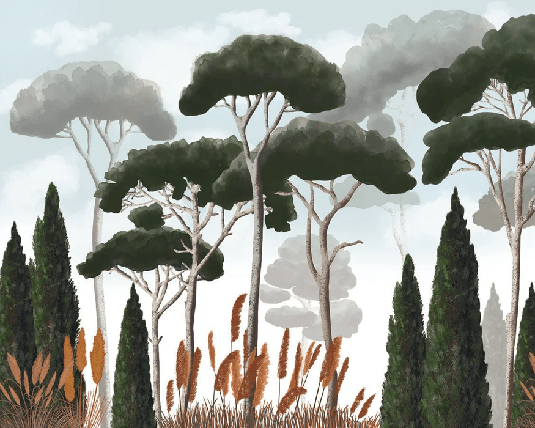 Papier peint sur mesure cyprès pins et herbes de la pampa - Muralconcept