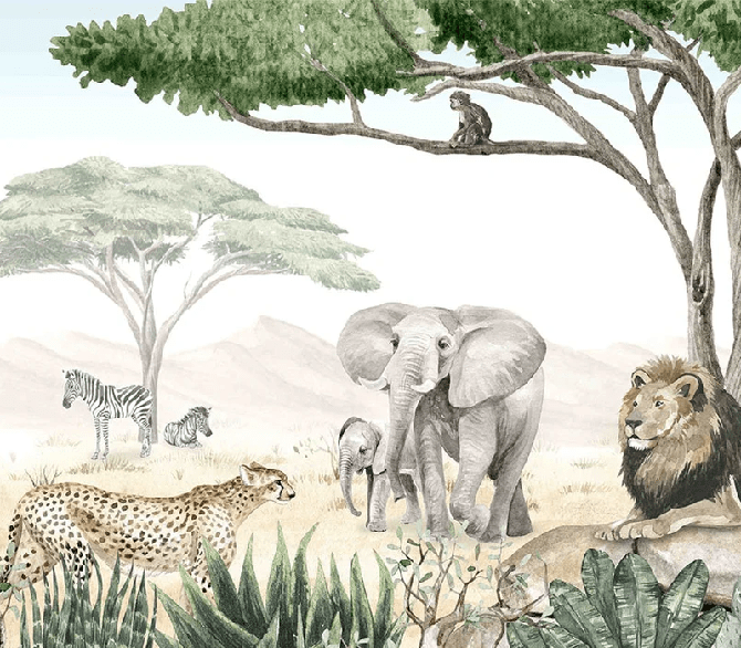 Papier peint enfant savane en peinture - Muralconcept