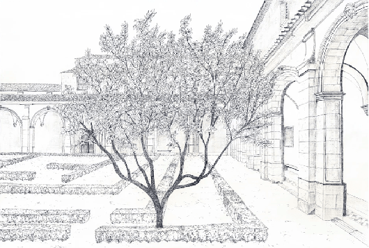 Papier peint panoramique sous les arcades – Jardin en gravure - Muralconcept