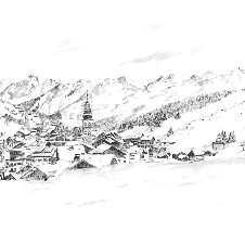 Papier peint panoramique La Clusaz en peinture - Noir et blanc - Muralconcept