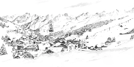 Papier peint panoramique La Clusaz en peinture - Noir et blanc - Muralconcept