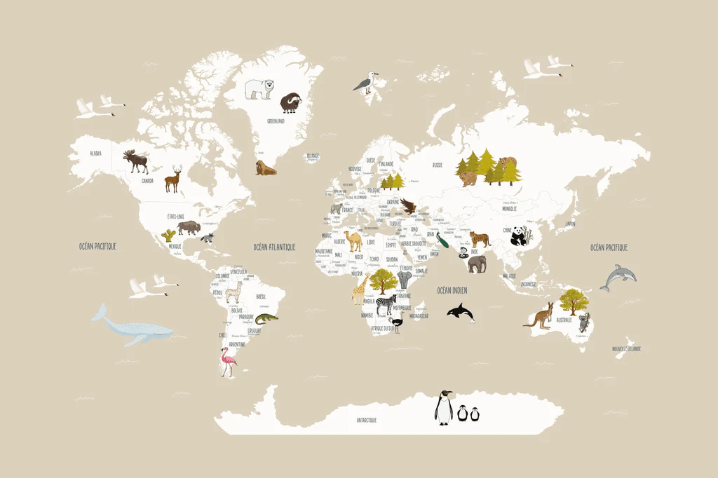 Papier peint Carte du monde en Francais enfant beige - Muralconcept