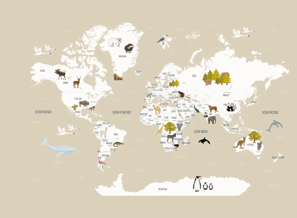 Papier peint Carte du monde en Francais enfant beige - Muralconcept