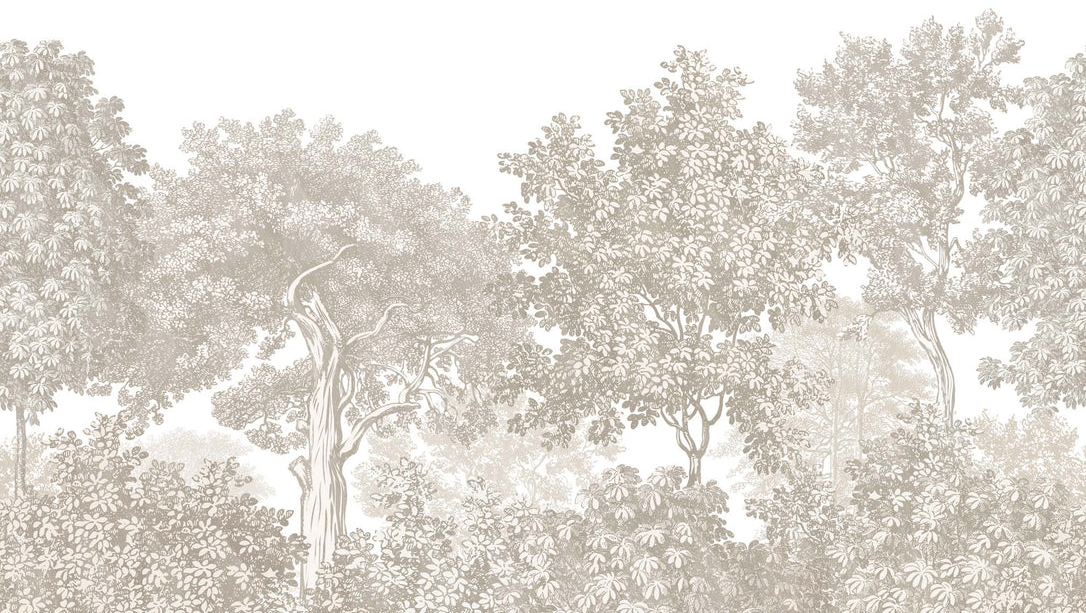 Papier peint paysage forêt gravure beige